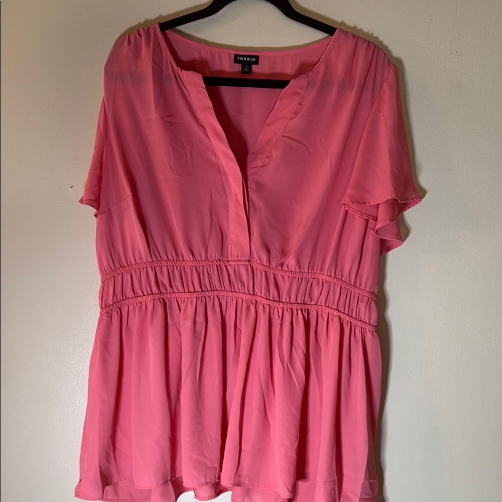 Torrid coral Smocked Blouse with Mandarin Collar